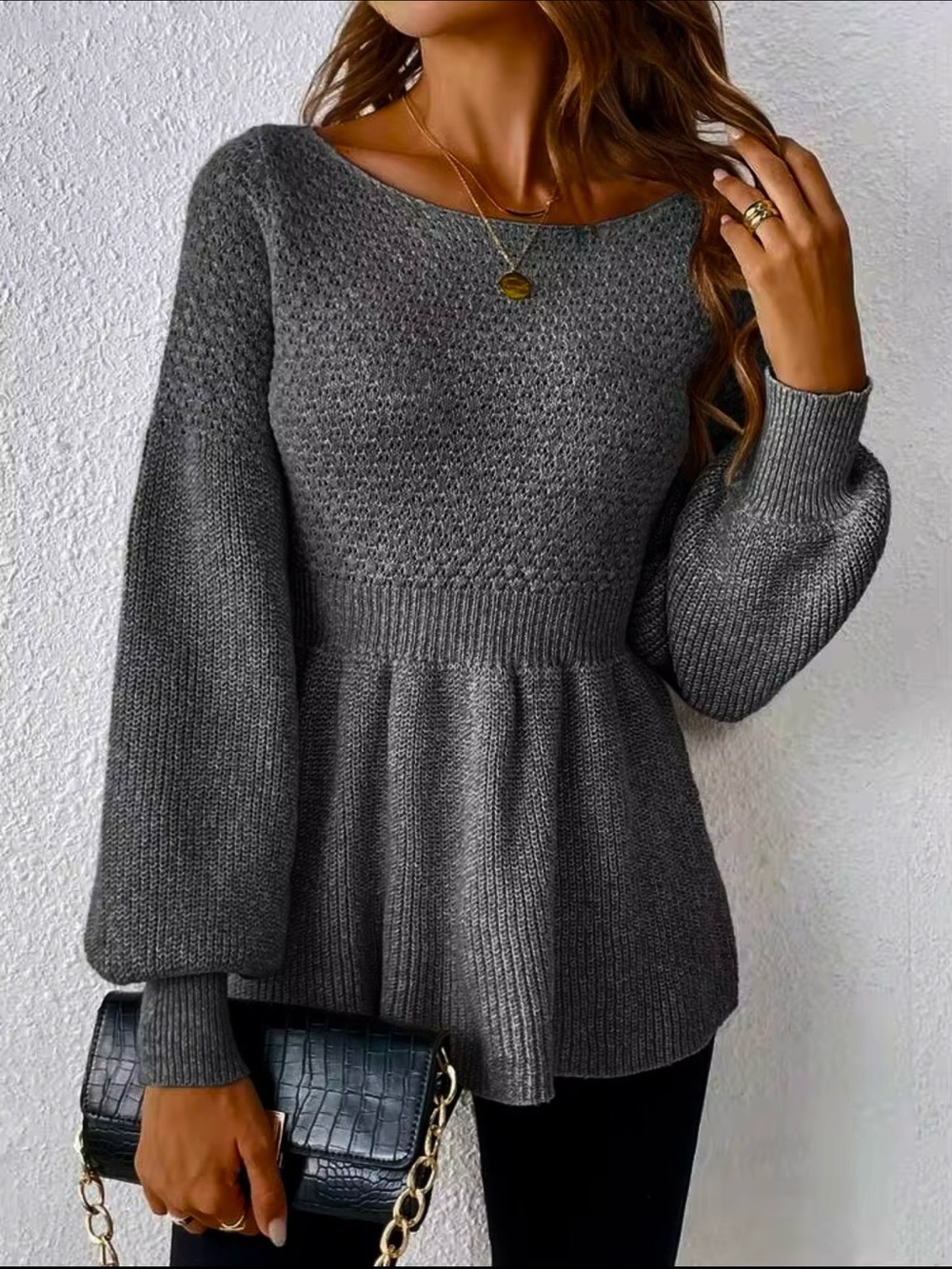 NWT SHEIN Frenchy Charcoal Gray Peplum Knit Babydoll Sweater